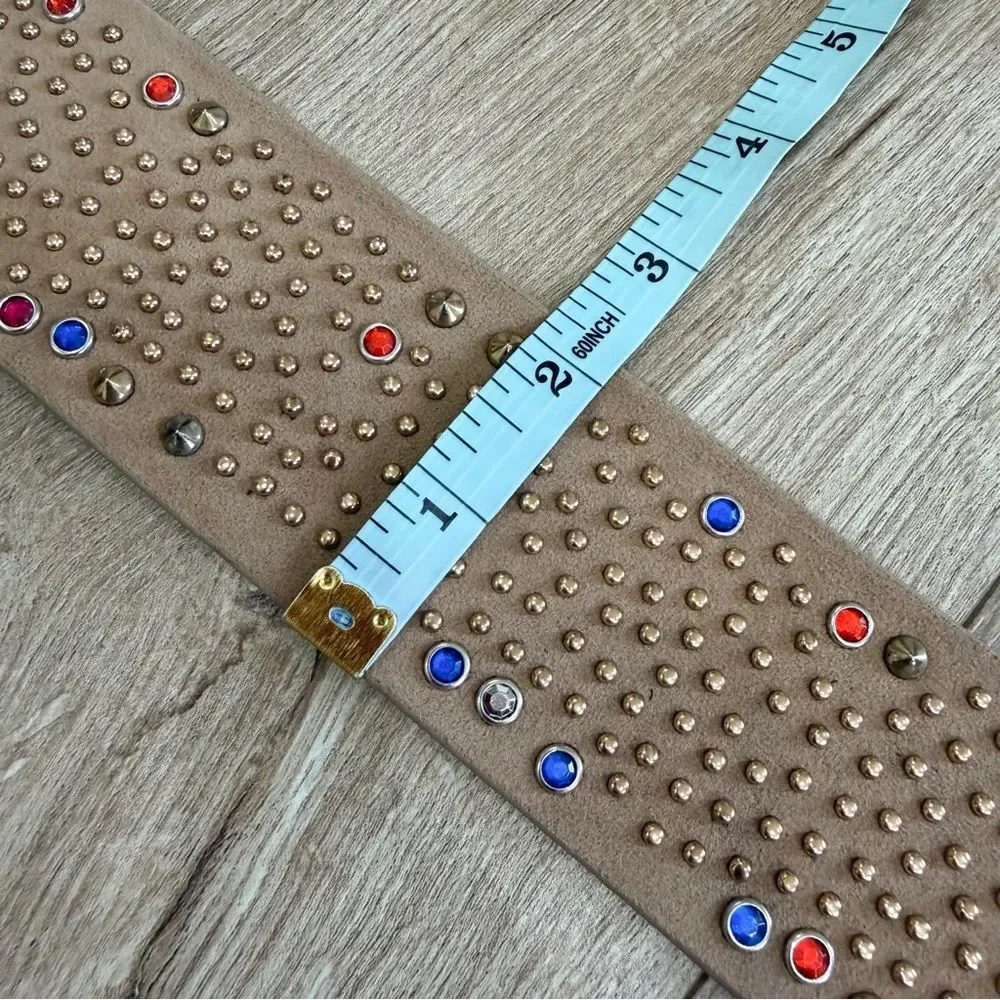 NEW Wide Vegan Leather Belt with Colorful and Metallic Studs Tan Khaki